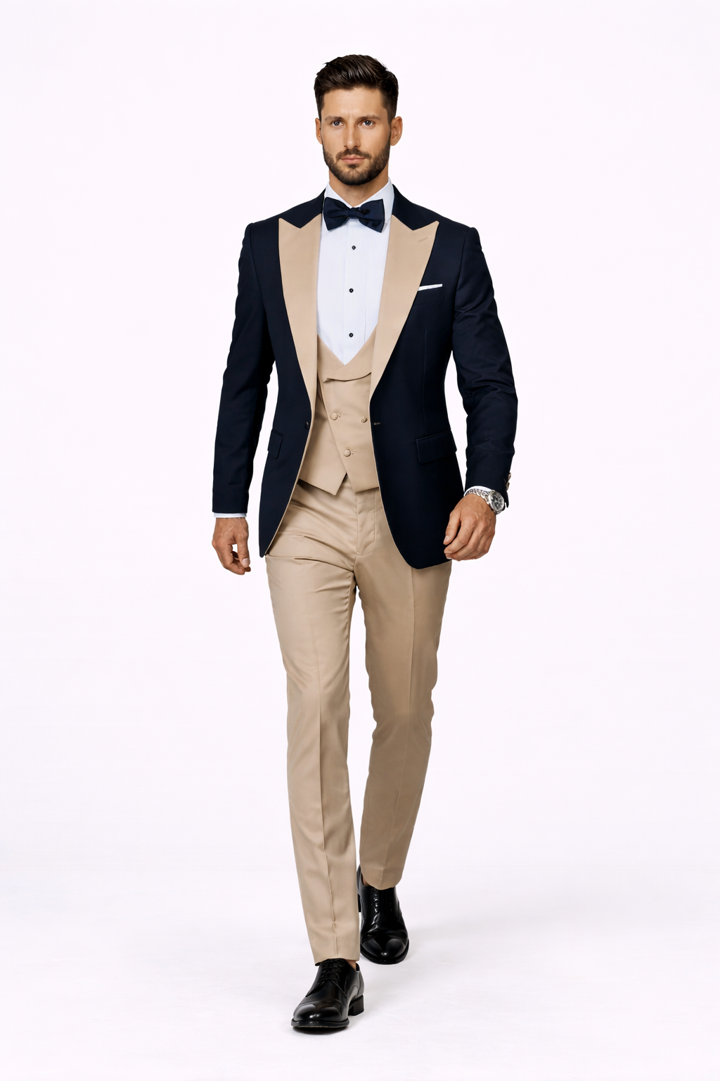 Statement Men's Black Vested with Champagne Peak Lapel 100% Wool Tuxedos