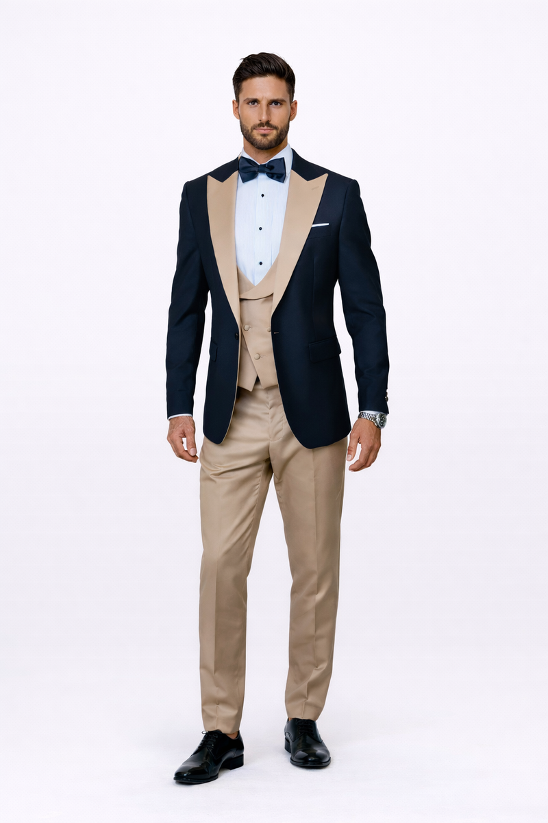 Statement Men's Black Vested with Champagne Peak Lapel 100% Wool Tuxedos
