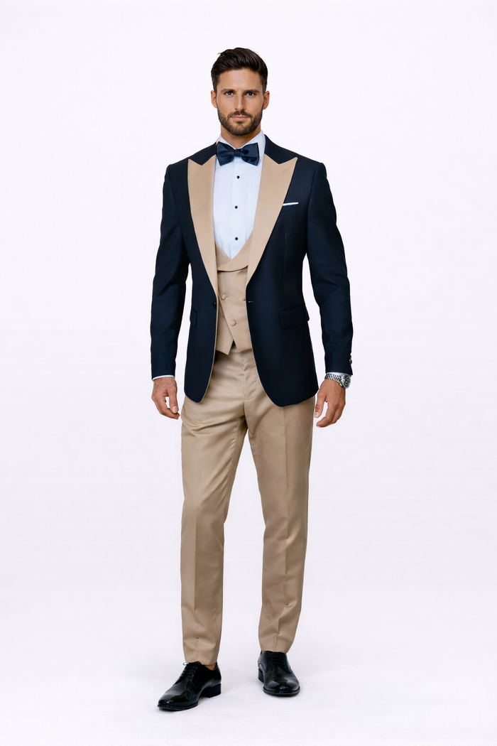 Statement Men's Black Vested with Champagne Peak Lapel 100% Wool Tuxedos