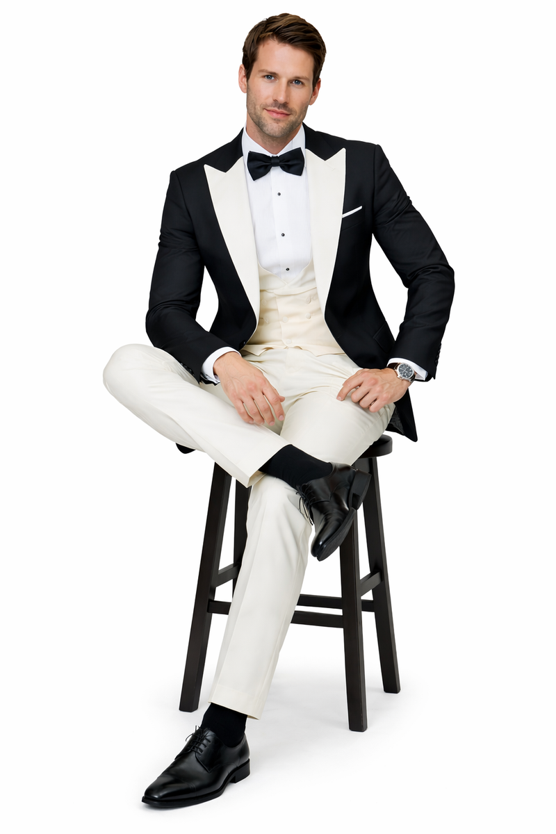 Statement Mens Fashion Tuxedo Ivory 3 Piece Fitted Designer Tuxedo