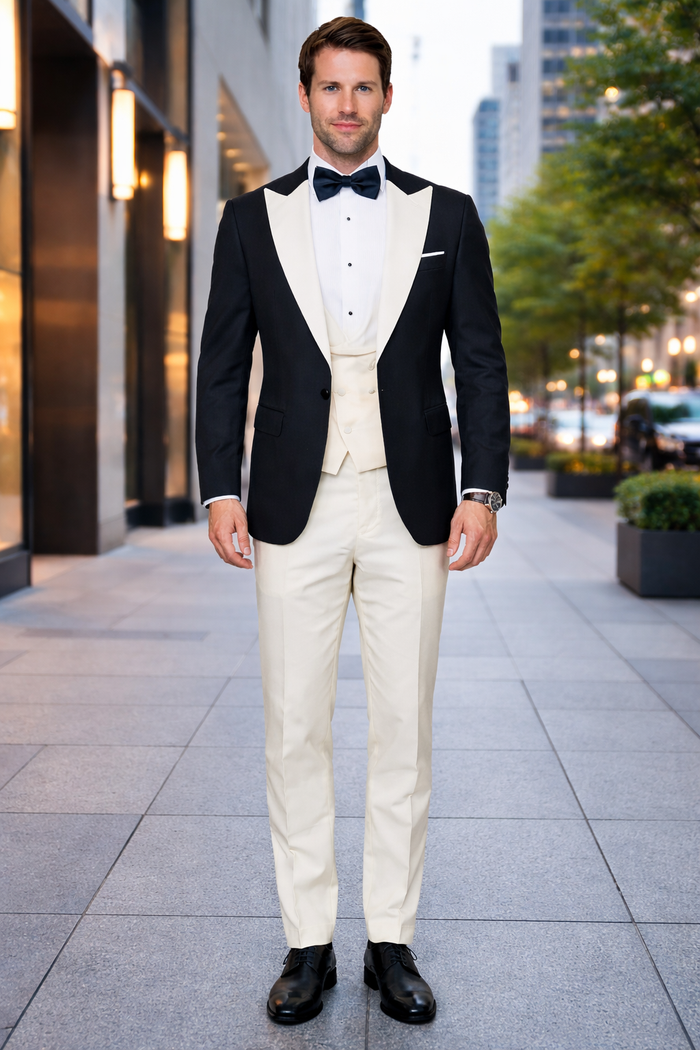 Statement Mens Fashion Tuxedo Ivory 3 Piece Fitted Designer Tuxedo