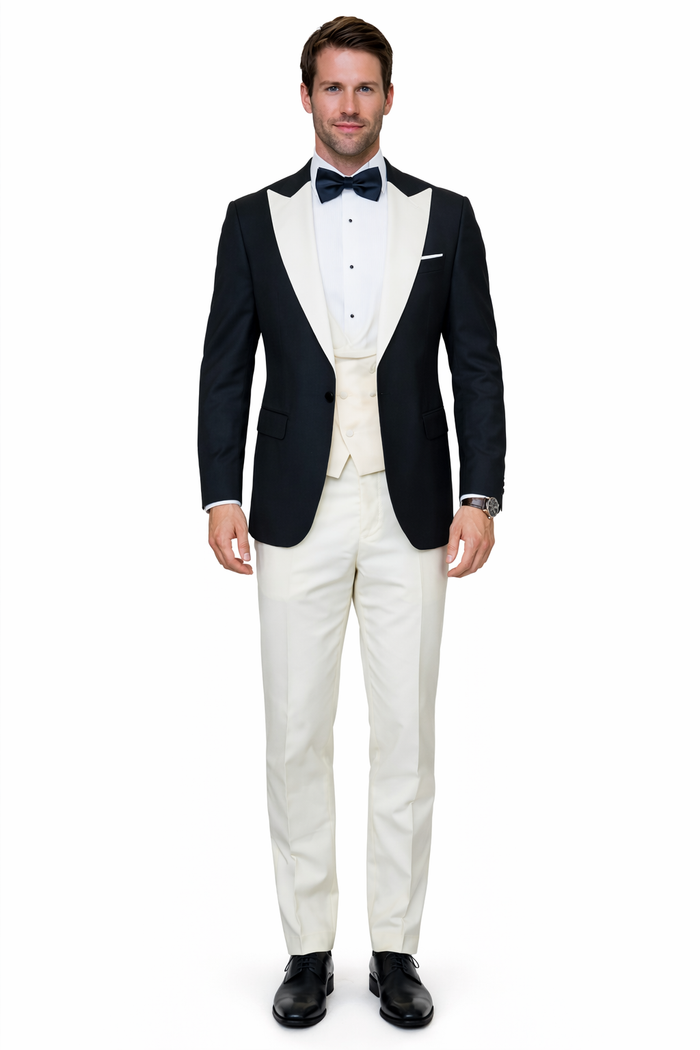 Statement Mens Fashion Tuxedo Ivory 3 Piece Fitted Designer Tuxedo