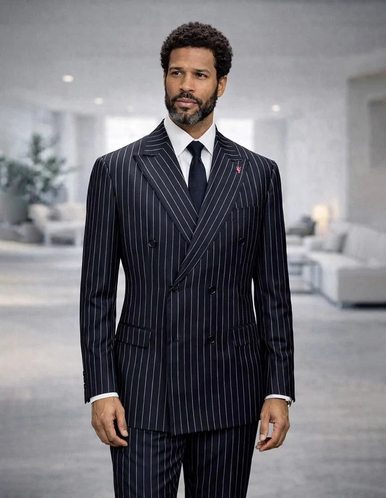 Statement Mens Modern Fit 2 Piece 100% Super 200s Wool Pinstripe Suit – Double Breasted Peak Lapel