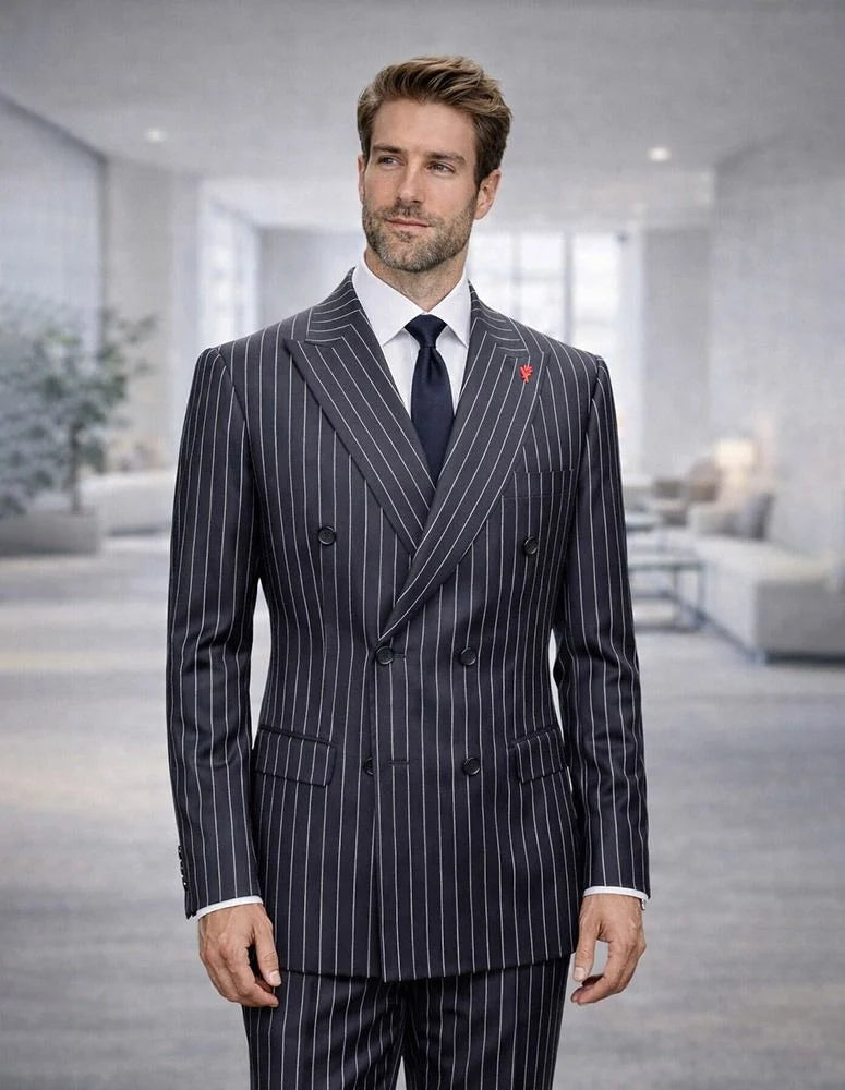 Statement Mens Modern Fit 2 Piece 100% Super 200s Wool Pinstripe Suit – Double Breasted Peak Lapel