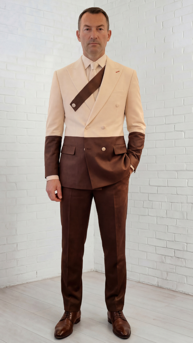 Statement Mens Modern Fit 2 Piece 100% Super 200s Wool Two Tone Suit – Double Breasted Peak Lapel Jacket with Chest Strap
