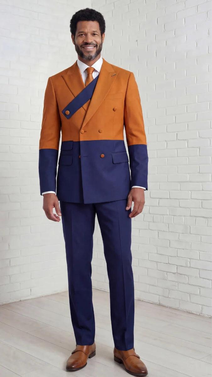 Statement Mens Modern Fit 2 Piece 100% Super 200s Wool Two Tone Suit – Double Breasted Peak Lapel Jacket with Chest Strap