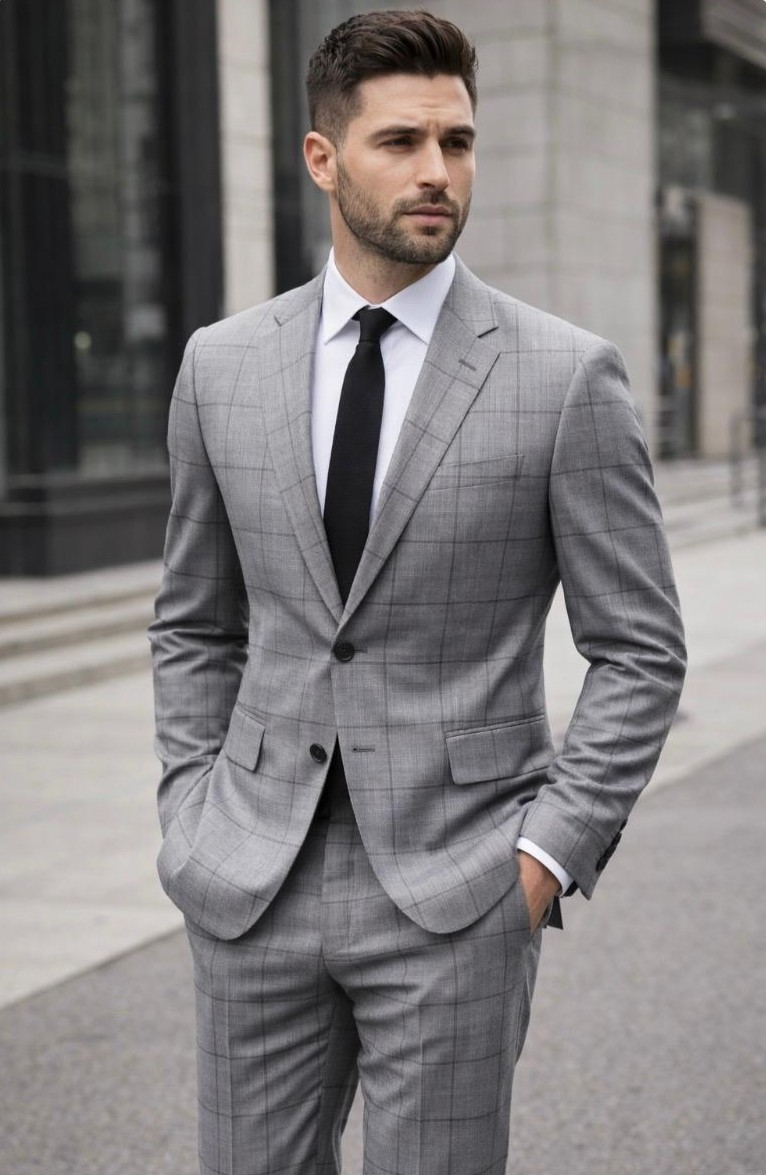 Statement Mens Modern Fit 2 Piece 100% Super 200s Wool Windowpane Suit – Single Breasted Notch Lapel Jacket