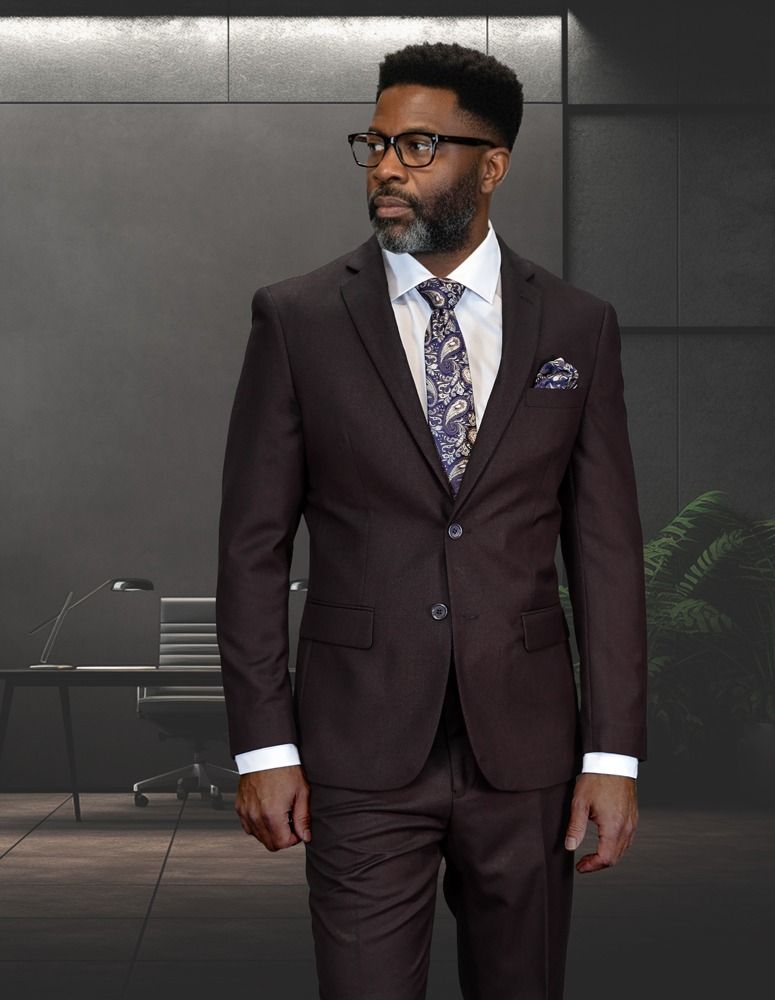 Statement Mens Modern Fit 2 Piece 100% Wool Suit – Notch Lapel Single Breasted Jacket