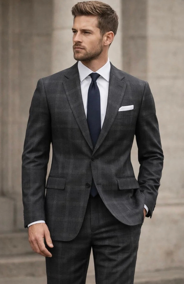 Statement Mens Modern Fit 2 Piece 100% Wool Windowpane Plaid Suit – Single Breasted Notch Lapel Jacket