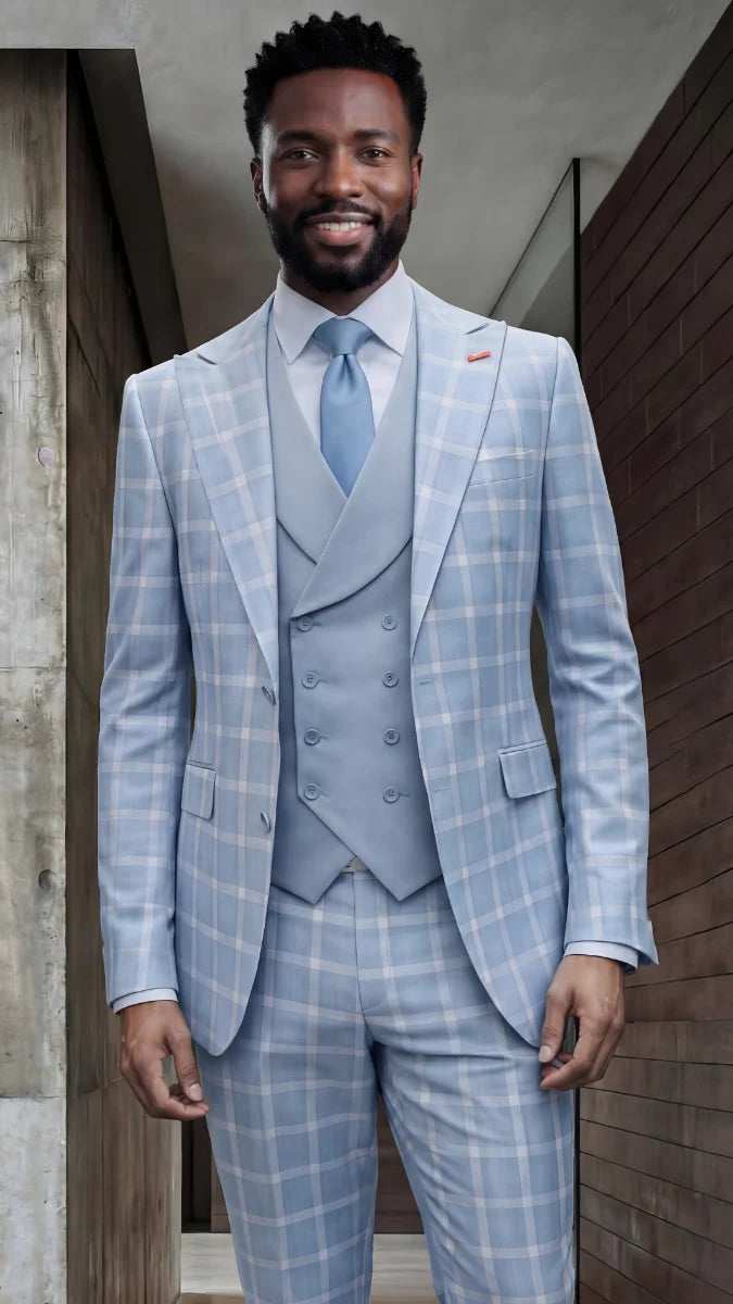 Statement Mens Modern Fit 3 Piece 100% Super 200s Wool Classic Windowpane Suit – Double Breasted Vest