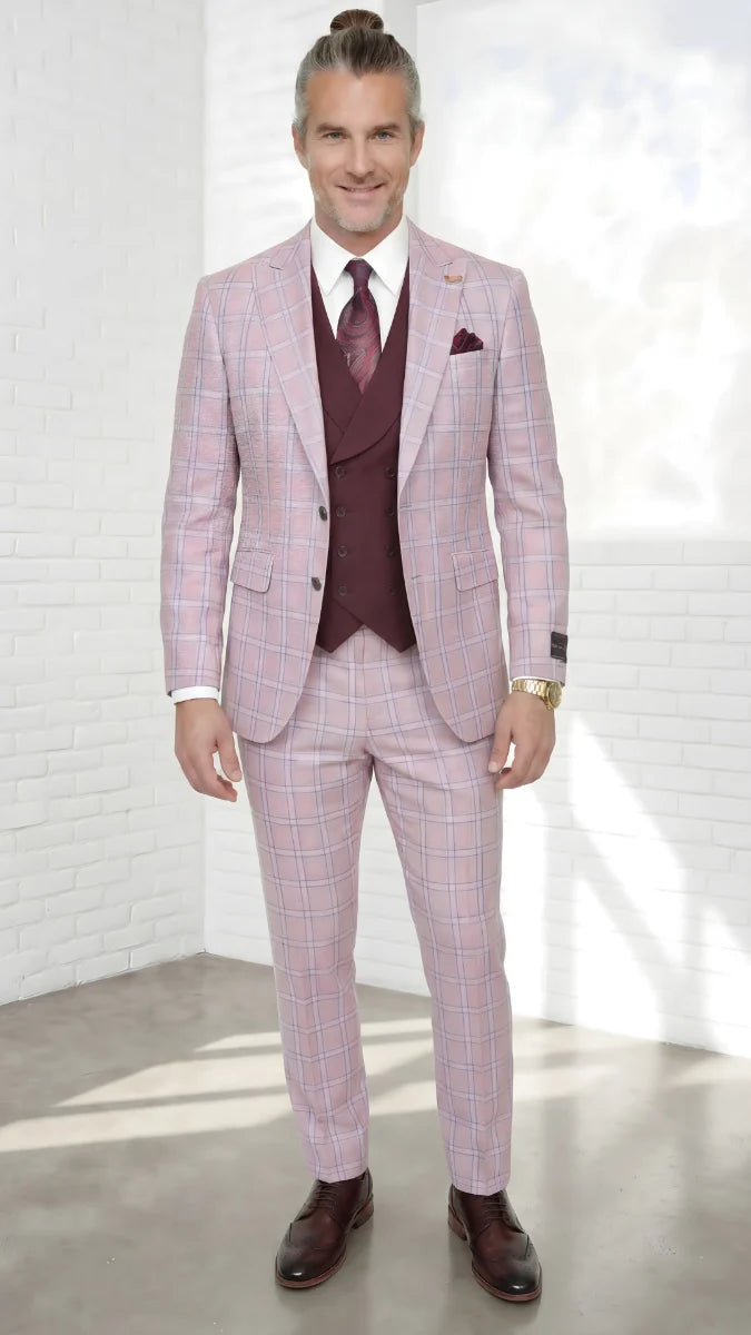 Statement Mens Modern Fit 3 Piece 100% Super 200s Wool Classic Windowpane Suit – Double Breasted Vest