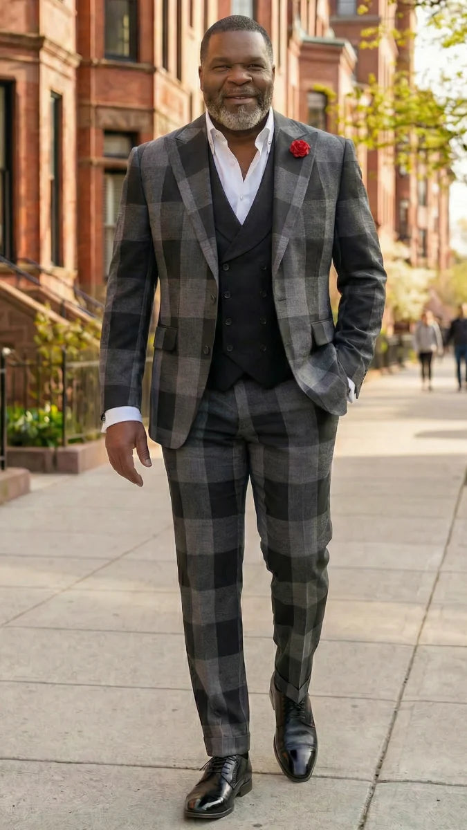 Statement Mens Modern Fit 3 Piece 100% Super 200s Wool Large Checker Suit – Double Breasted Vest