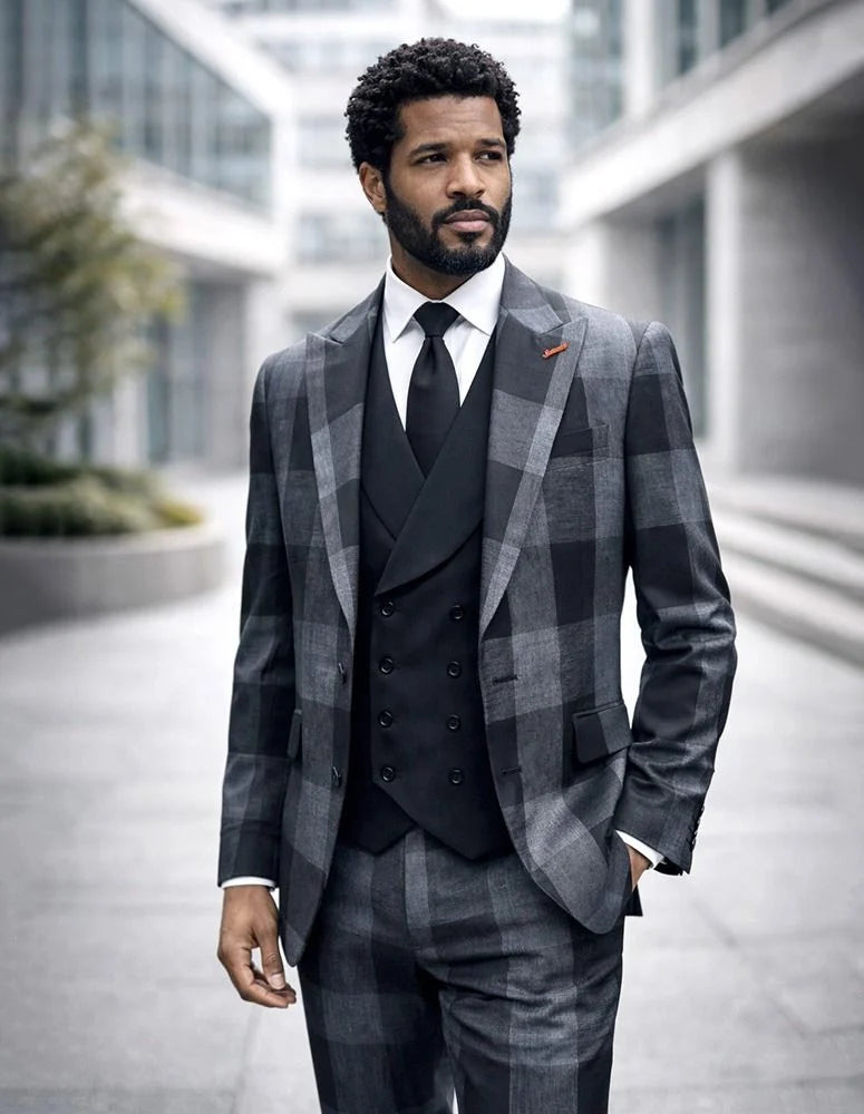 Statement Mens Modern Fit 3 Piece 100% Super 200s Wool Large Checker Suit – Double Breasted Vest