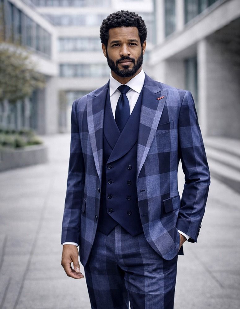Statement Mens Modern Fit 3 Piece 100% Super 200s Wool Large Checker Suit – Double Breasted Vest