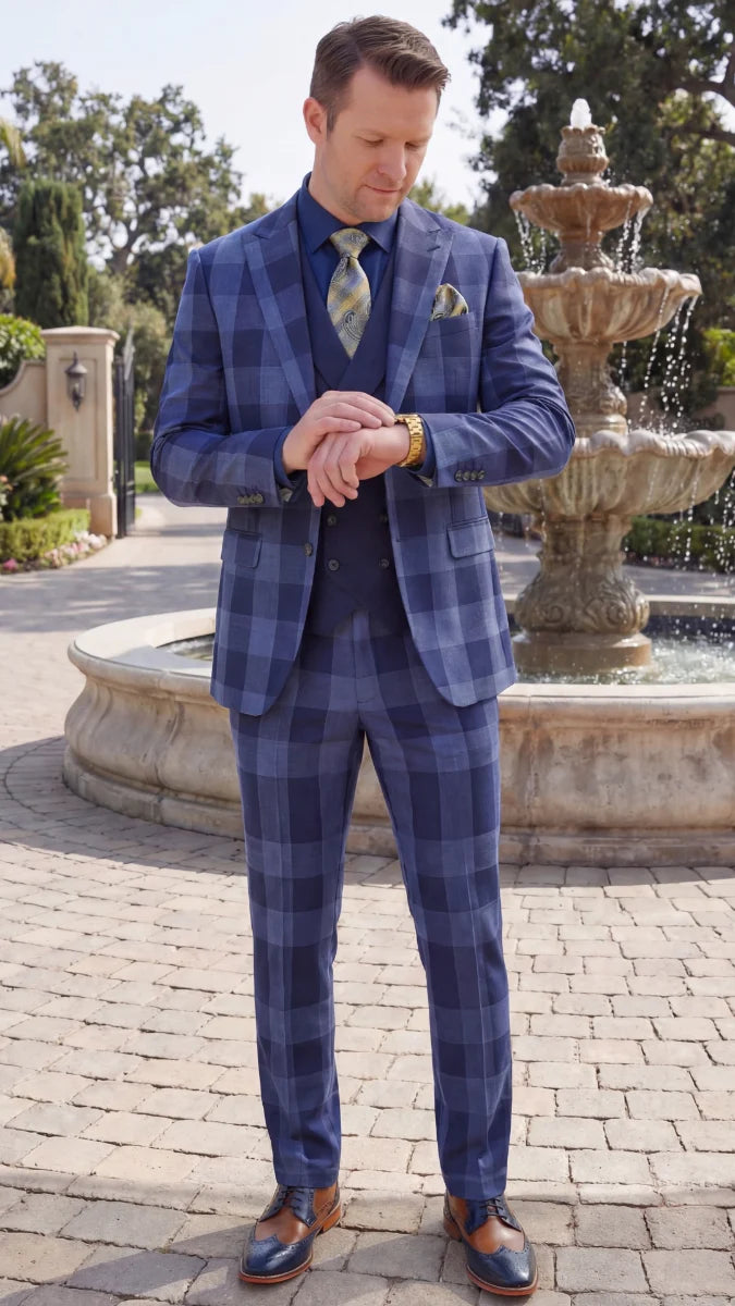 Statement Mens Modern Fit 3 Piece 100% Super 200s Wool Large Checker Suit – Double Breasted Vest