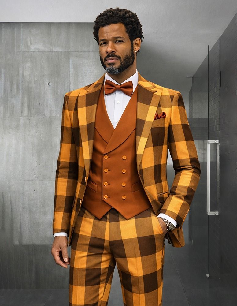Statement Mens Modern Fit 3 Piece 100% Super 200s Wool Large Checker Suit – Double Breasted Vest