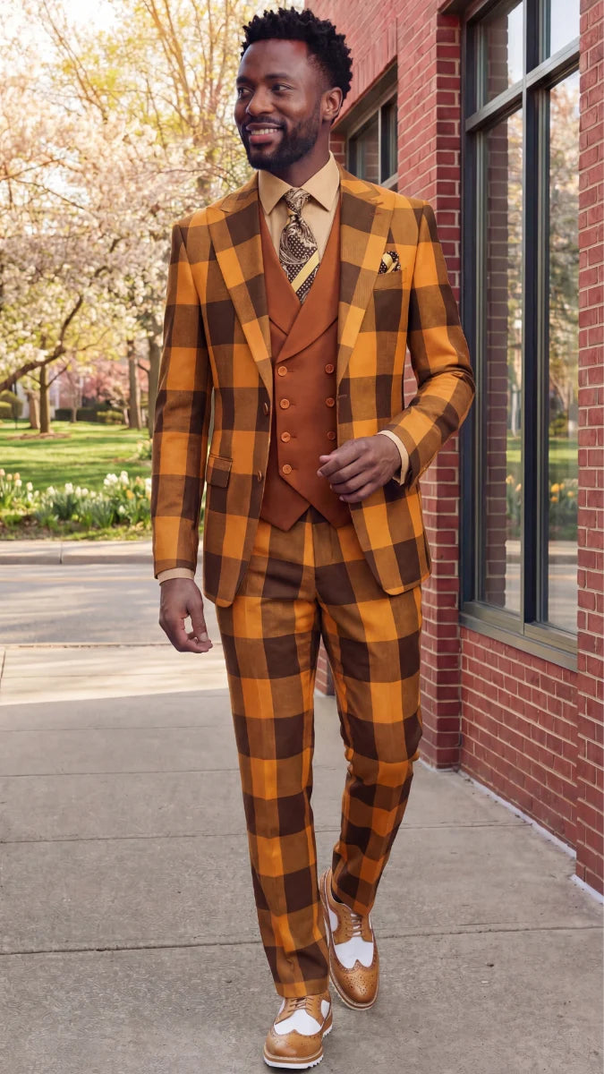 Statement Mens Modern Fit 3 Piece 100% Super 200s Wool Large Checker Suit – Double Breasted Vest