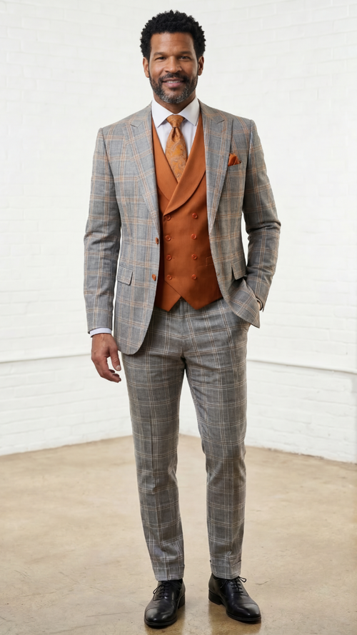 Statement Mens Modern Fit 3 Piece 100% Super 200s Wool Windowpane Suit – Solid Color Double Breasted Vest