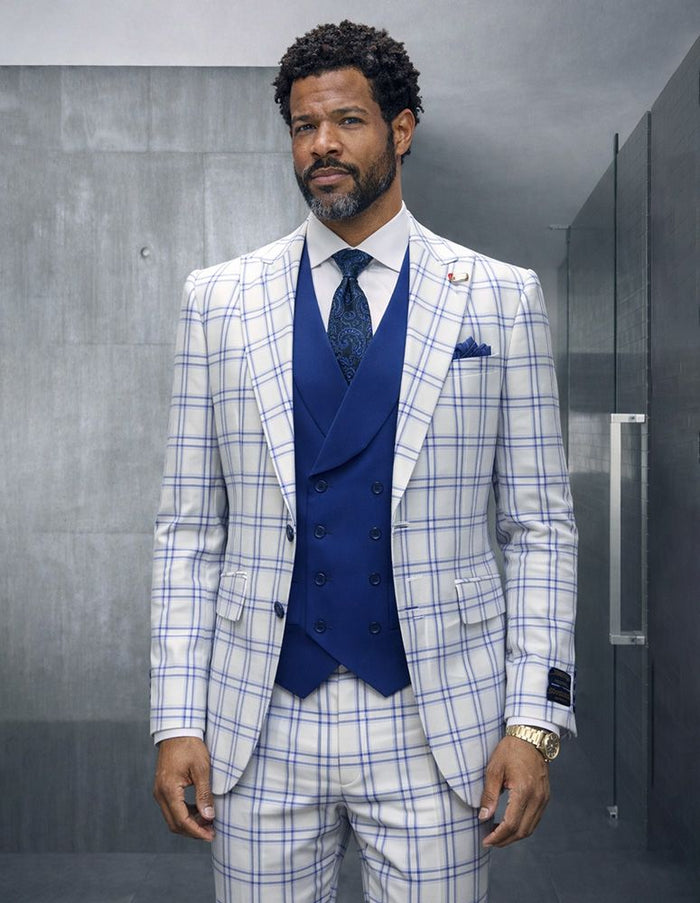 Statement Mens Modern Fit 3 Piece 100% Super Wool Windowpane Suit – Double Breasted Vest, Peak Lapel