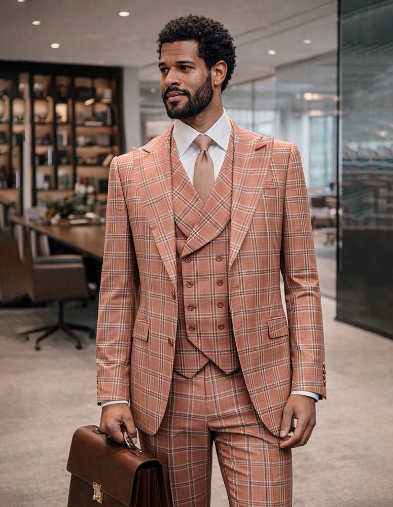 Statement Mens Modern Fit 3 Piece 100% Super Wool Windowpane Suit – Double Breasted Vest, Peak Lapel