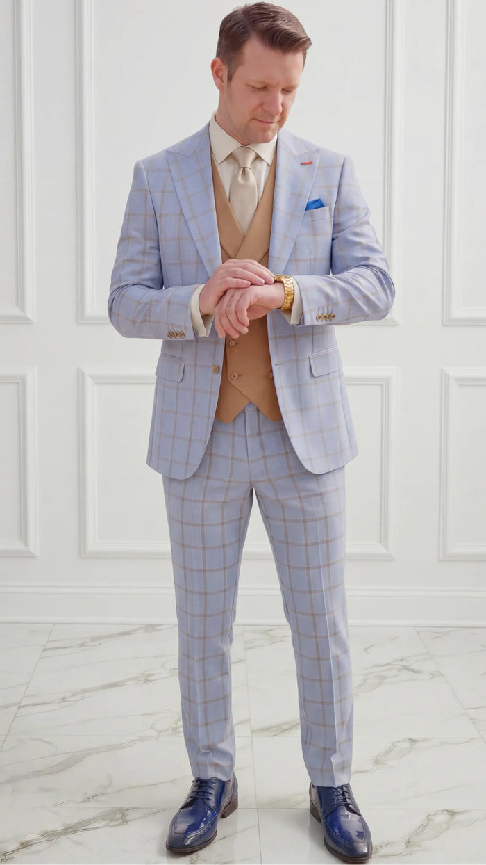 Statement Mens Modern Fit 3 Piece 100% Wool Sharp Windowpane Suit – Double Breasted Vest
