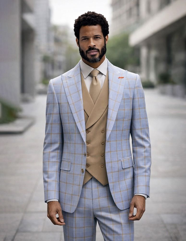 Statement Mens Modern Fit 3 Piece 100% Wool Sharp Windowpane Suit – Double Breasted Vest