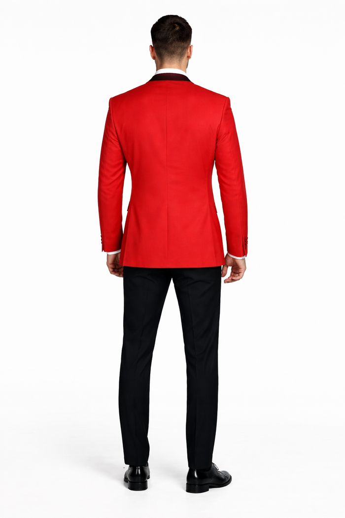 Statement Men's Red Vested with Black Trim Fine Lapel 100% Wool Tuxedos
