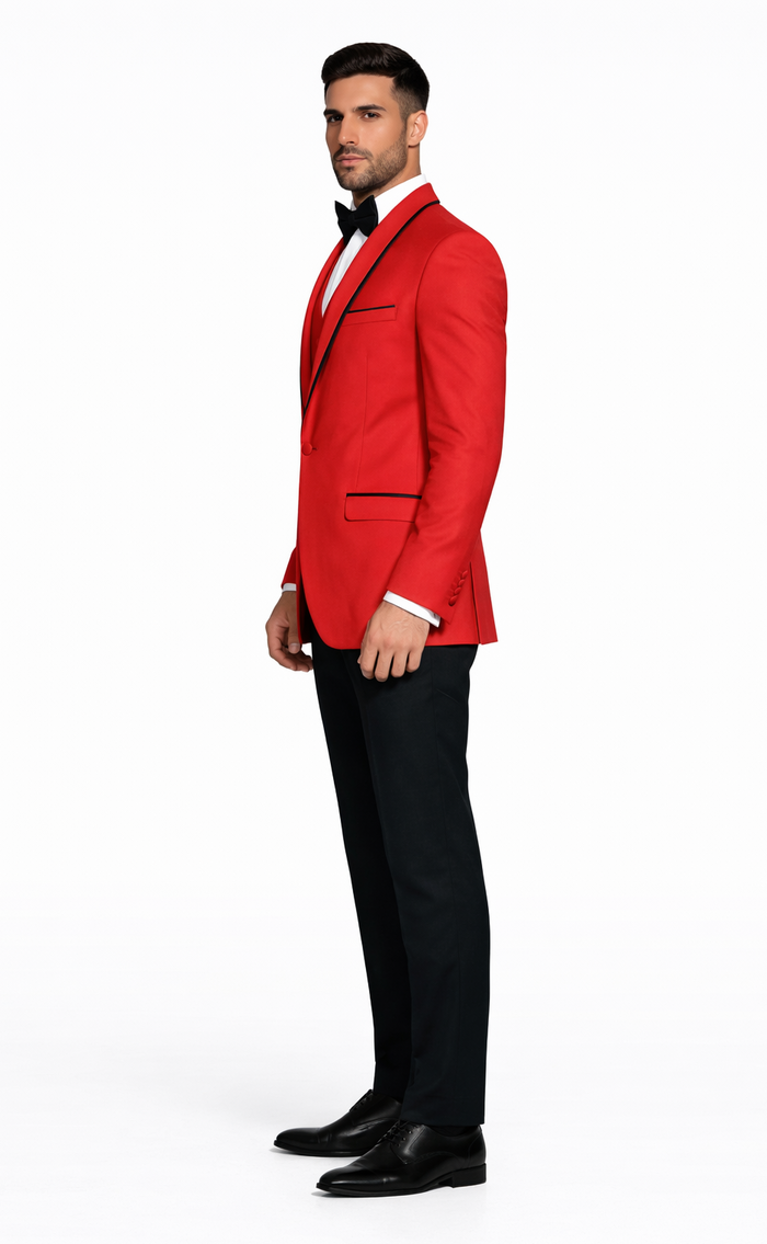 Statement Men's Red Vested with Black Trim Fine Lapel 100% Wool Tuxedos