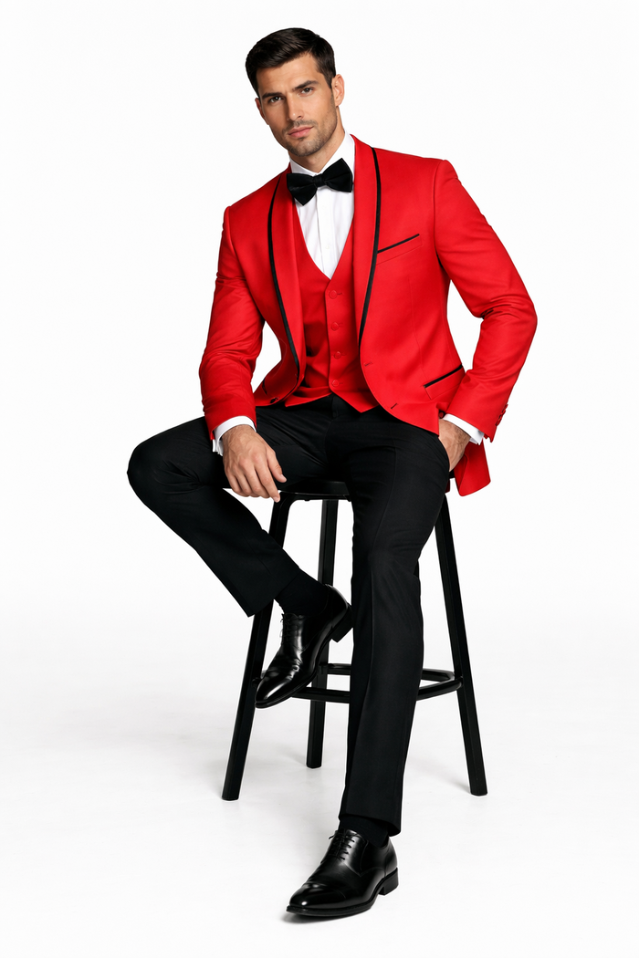 Statement Men's Red Vested with Black Trim Fine Lapel 100% Wool Tuxedos