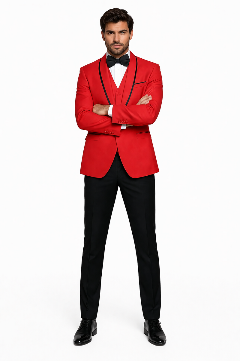 Statement Men's Red Vested with Black Trim Fine Lapel 100% Wool Tuxedos