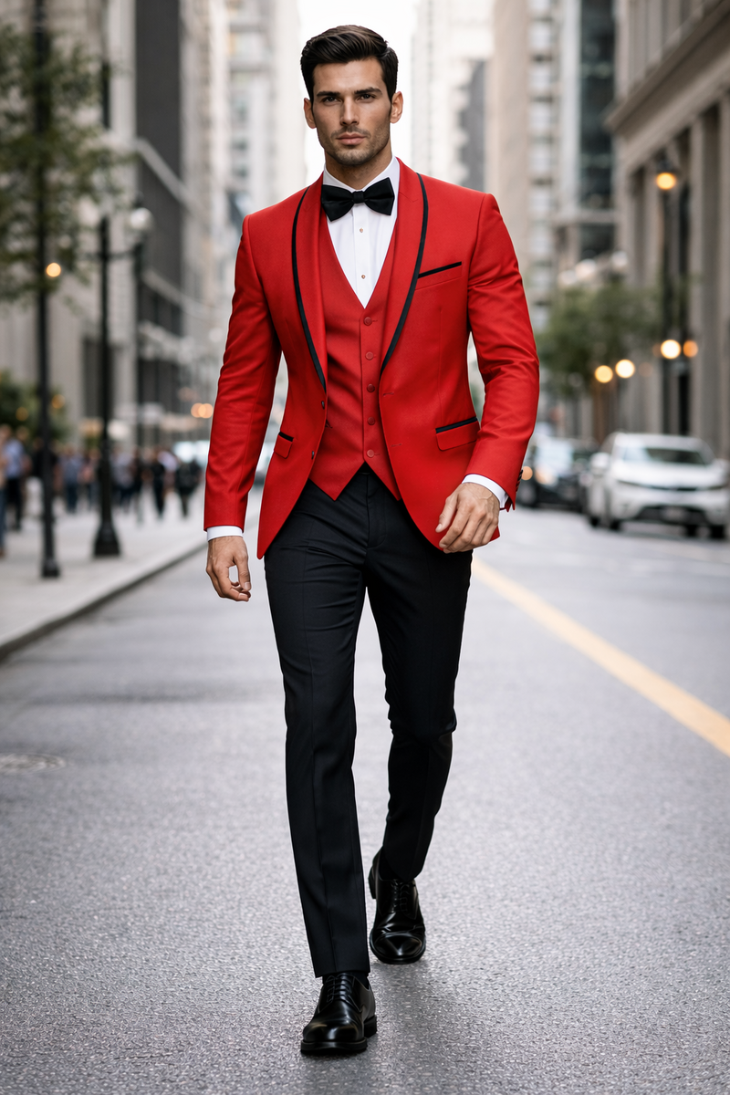 Statement Men's Red Vested with Black Trim Fine Lapel 100% Wool Tuxedos