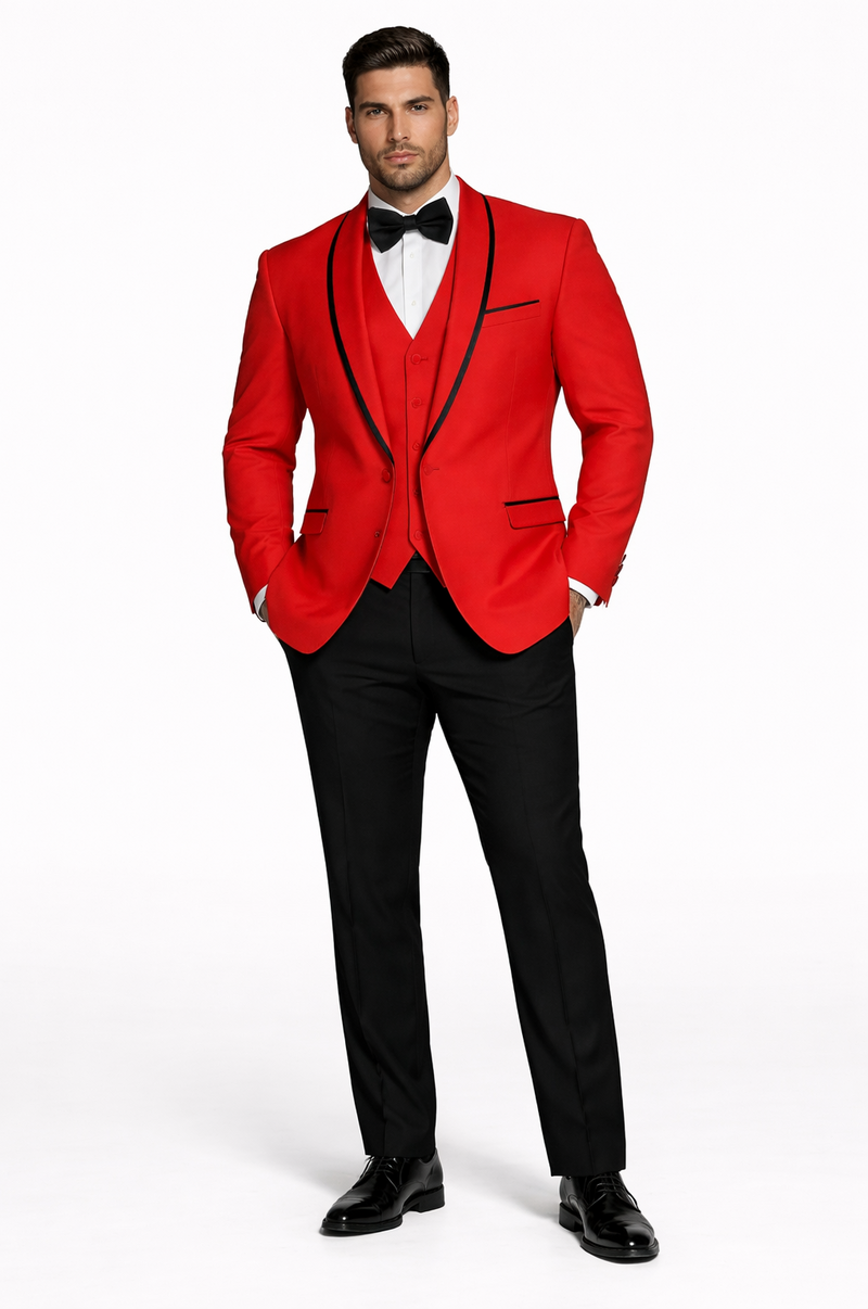 Statement Men's Red Vested with Black Trim Fine Lapel 100% Wool Tuxedos