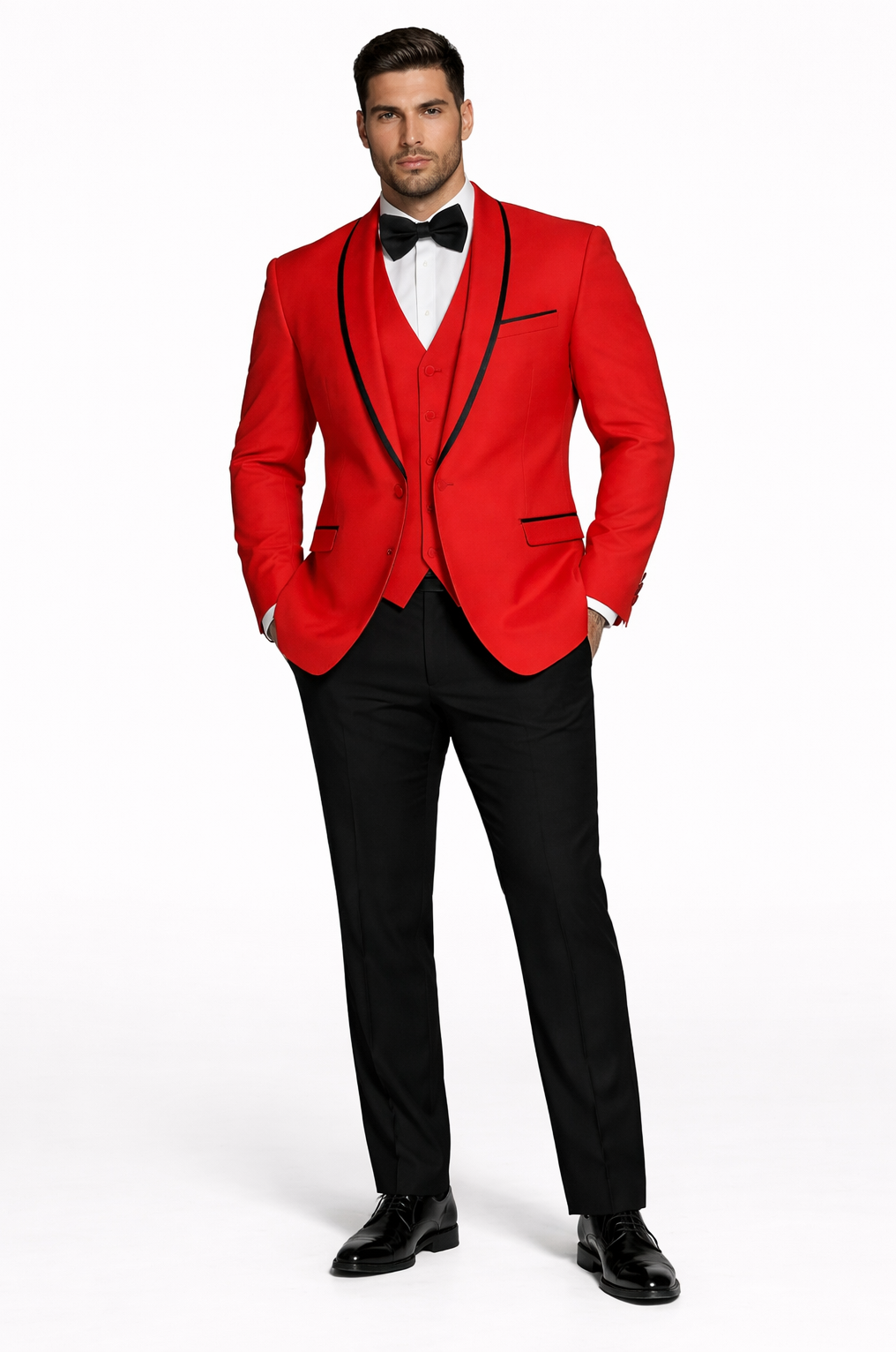 Statement Men's Red Vested with Black Trim Fine Lapel 100% Wool Tuxedos