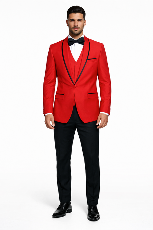 Statement Men's Red Vested with Black Trim Fine Lapel 100% Wool Tuxedos