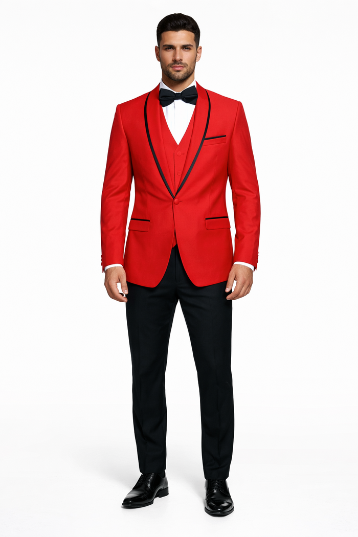 Statement Men's Red Vested with Black Trim Fine Lapel 100% Wool Tuxedos