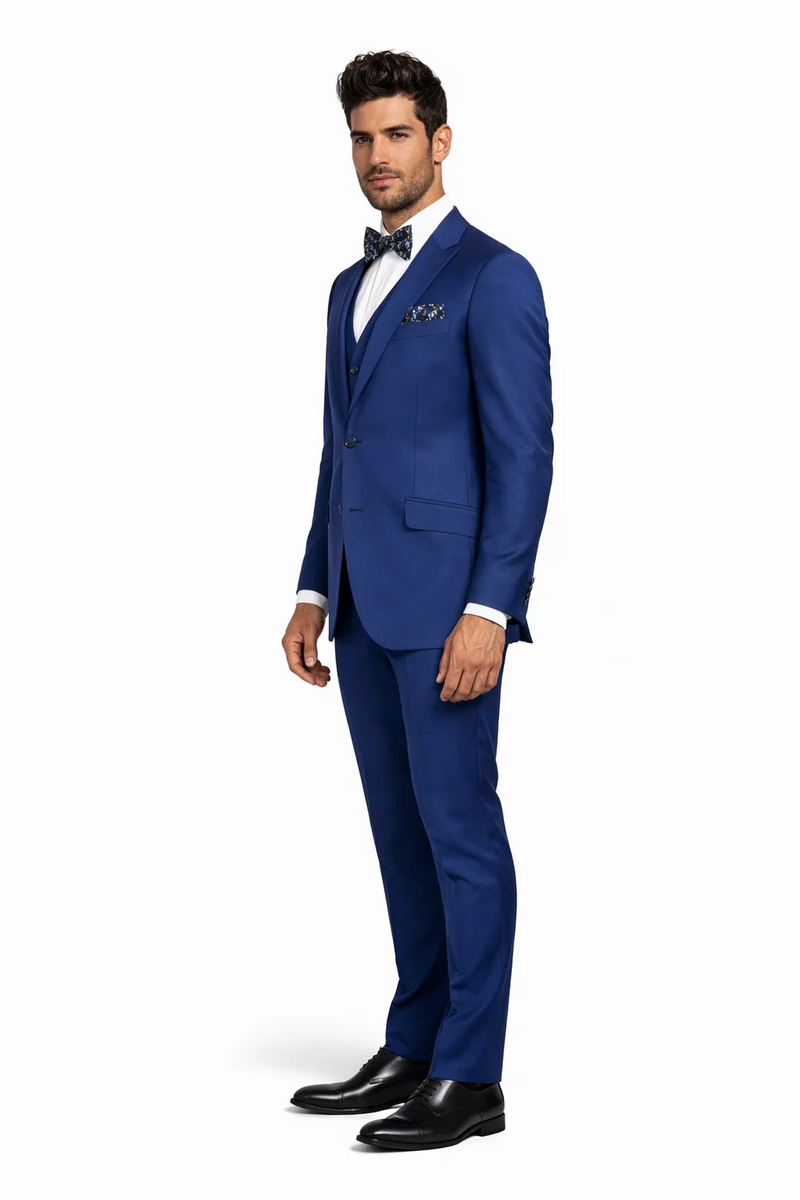 Statement Men's Solid Sapphire Blue Modern Fit 100% Wool Vested Suits