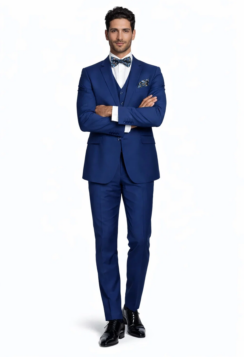 Statement Men's Solid Sapphire Blue Modern Fit 100% Wool Vested Suits