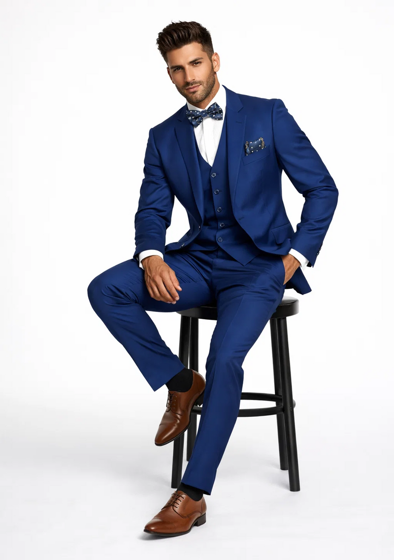 Statement Men's Solid Sapphire Blue Modern Fit 100% Wool Vested Suits