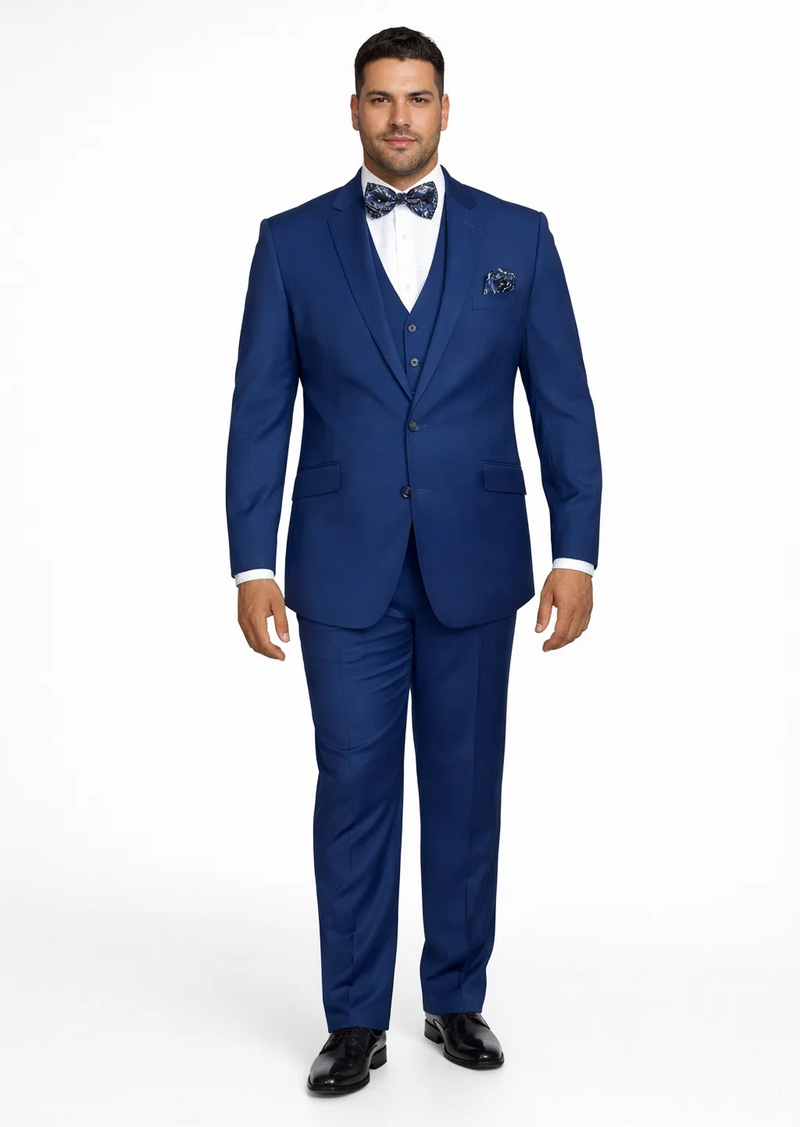 Statement Men's Solid Sapphire Blue Modern Fit 100% Wool Vested Suits