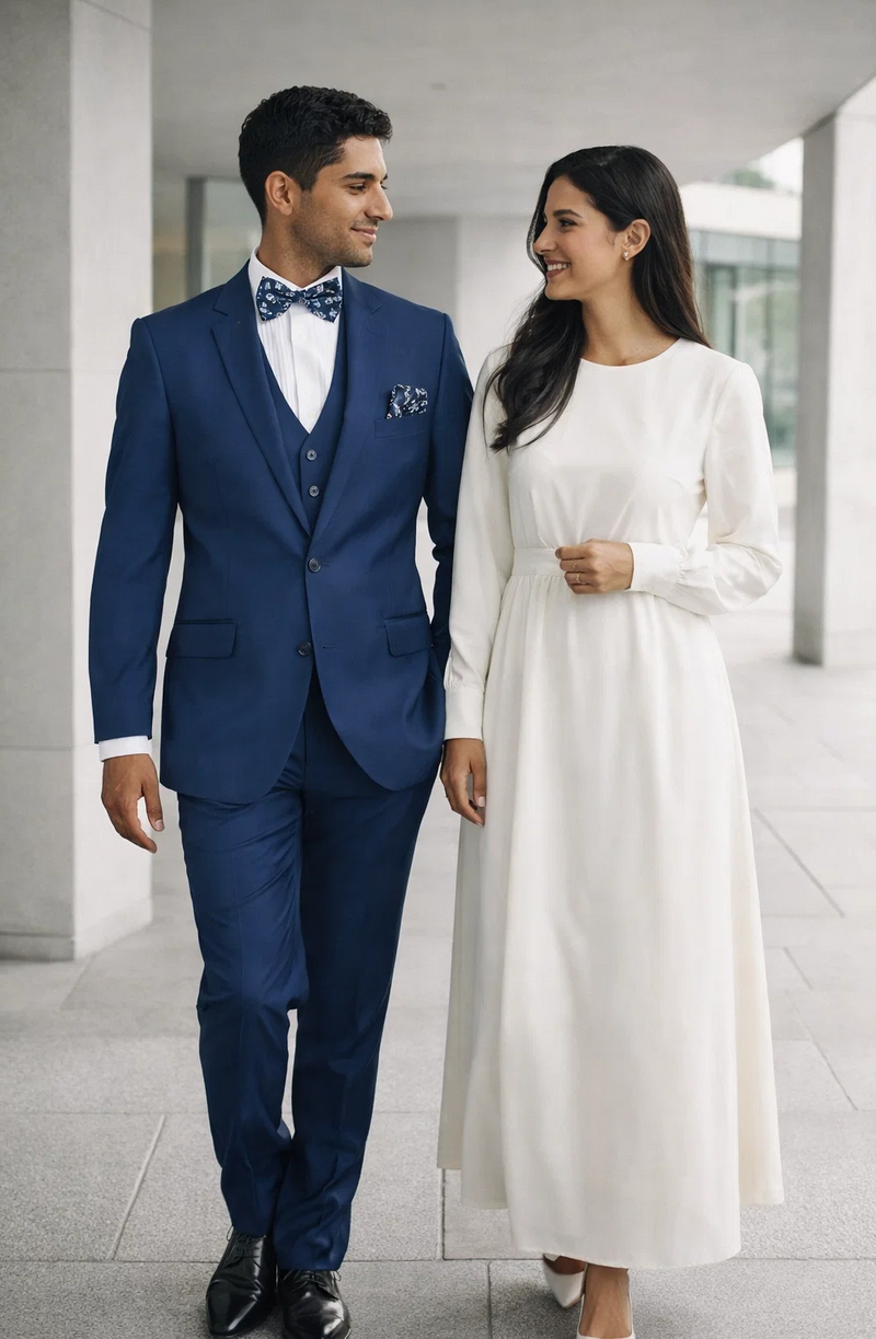 Statement Men's Solid Sapphire Blue Modern Fit 100% Wool Vested Suits