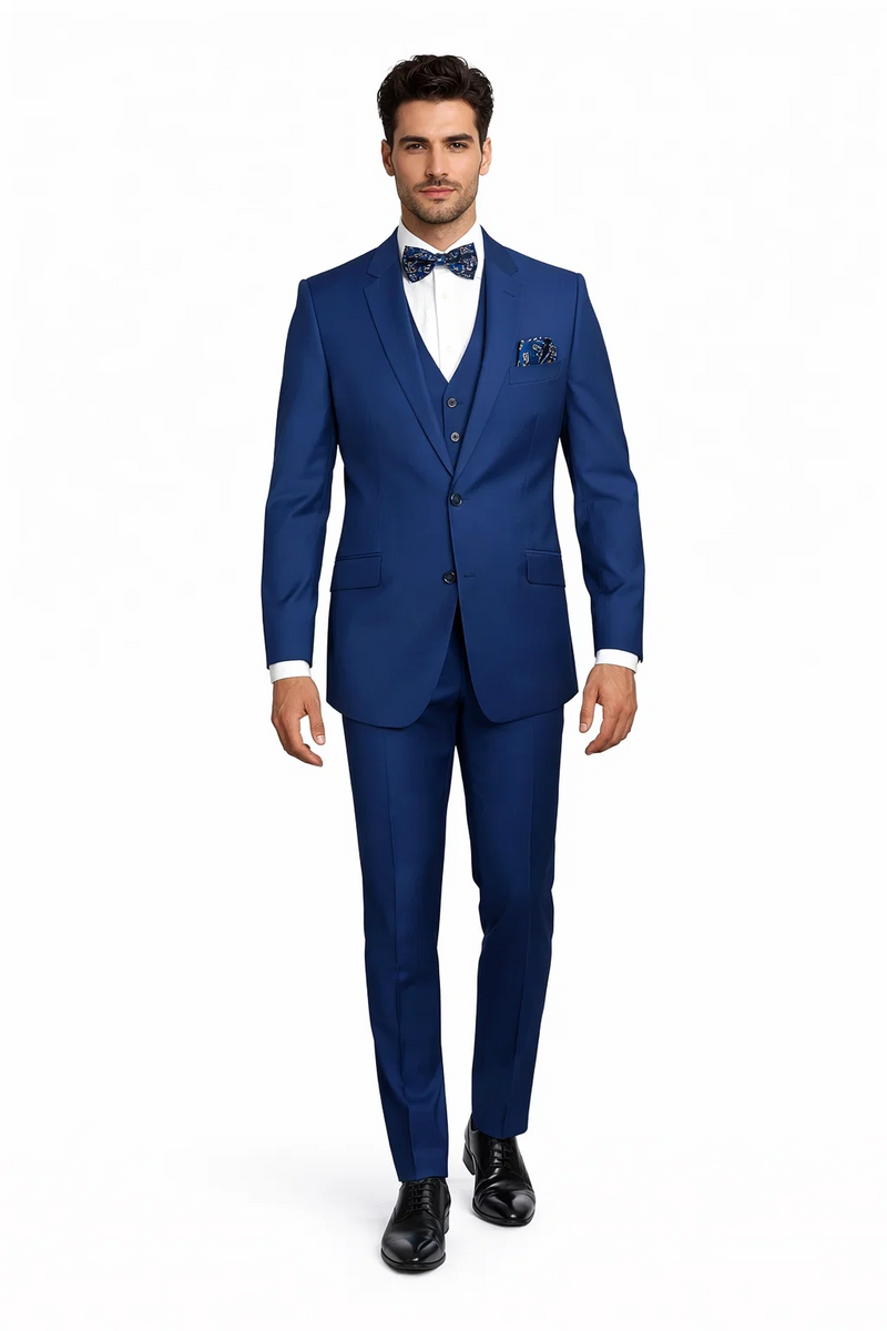 Statement Men's Solid Sapphire Blue Modern Fit 100% Wool Vested Suits