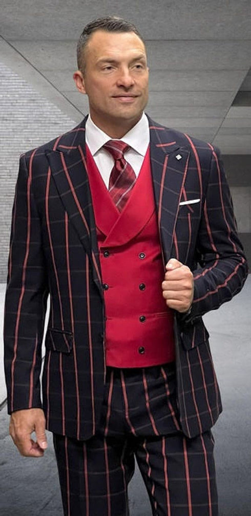 Statement Men's Wool Windowpane Suit Black Red Contrasting DB Vest Tailored Fit Lucci