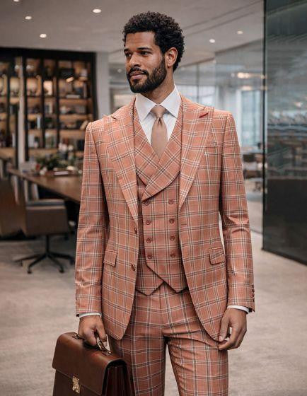 Statement Men's Wool Windowpane Suit with Vest Salmon 3 Piece Modern Fit Sergio