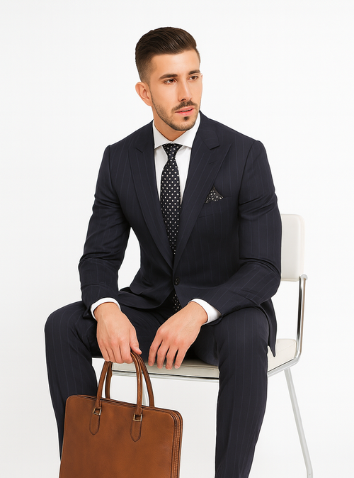 Statement Suits - Wool Suits - Peak Lapel Suits - Ticket Pocket - Modern Fit - Charcoal Stripe Suit