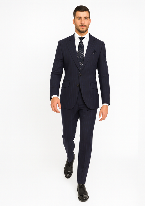 Statement Suits - Wool Suits - Peak Lapel Suits - Ticket Pocket - Modern Fit - Charcoal Stripe Suit