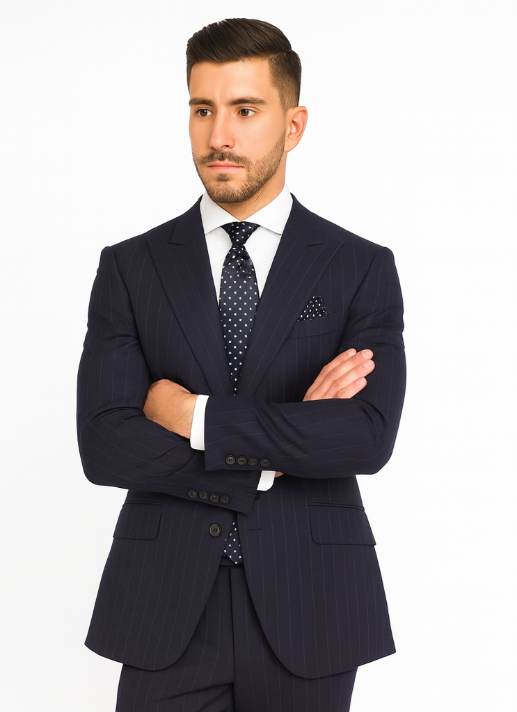 Statement Suits - Wool Suits - Peak Lapel Suits - Ticket Pocket - Modern Fit - Charcoal Stripe Suit