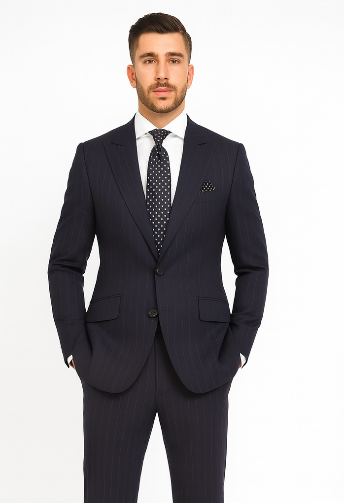 Statement Suits - Wool Suits - Peak Lapel Suits - Ticket Pocket - Modern Fit - Charcoal Stripe Suit