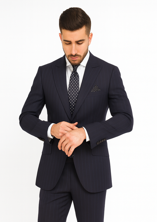 Statement Suits - Wool Suits - Peak Lapel Suits - Ticket Pocket - Modern Fit - Charcoal Stripe Suit