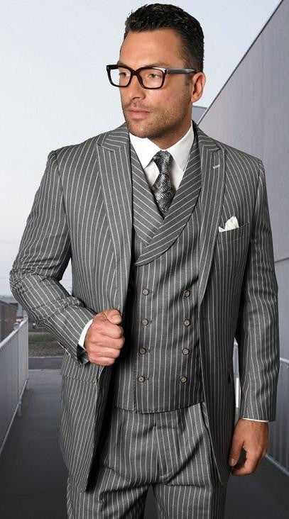 Mens Gangster Pinstripe 2 Button Double Breasted Vest Grey Suit