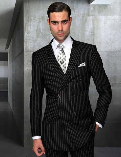 Statement Mens Double Breasted Wool Black Pinstripe Suit DB-Zarelli